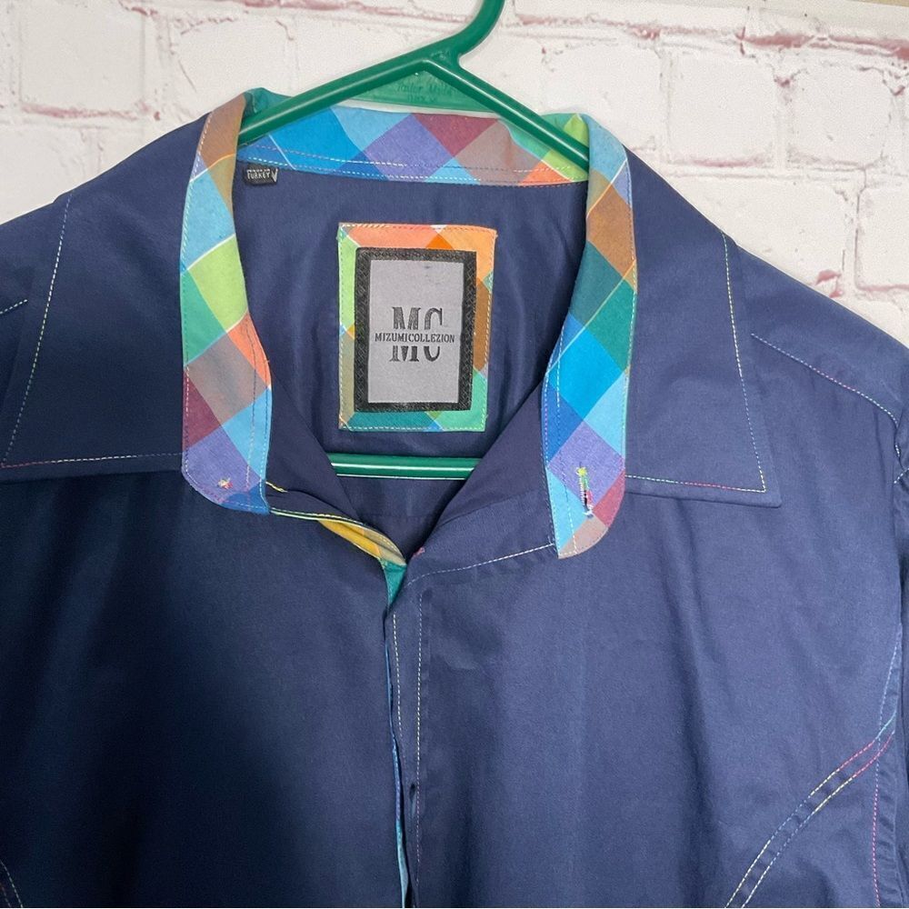 Mens MIZUMI Casual Shirt Navy Blue with Plaid Trim Classic Fit Button‎ Front XL